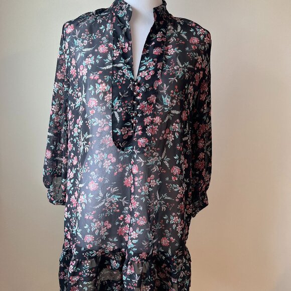 Costa Blanca Mini dress / tunic Sz M Black red green floral flowy sheet light - Picture 1 of 12